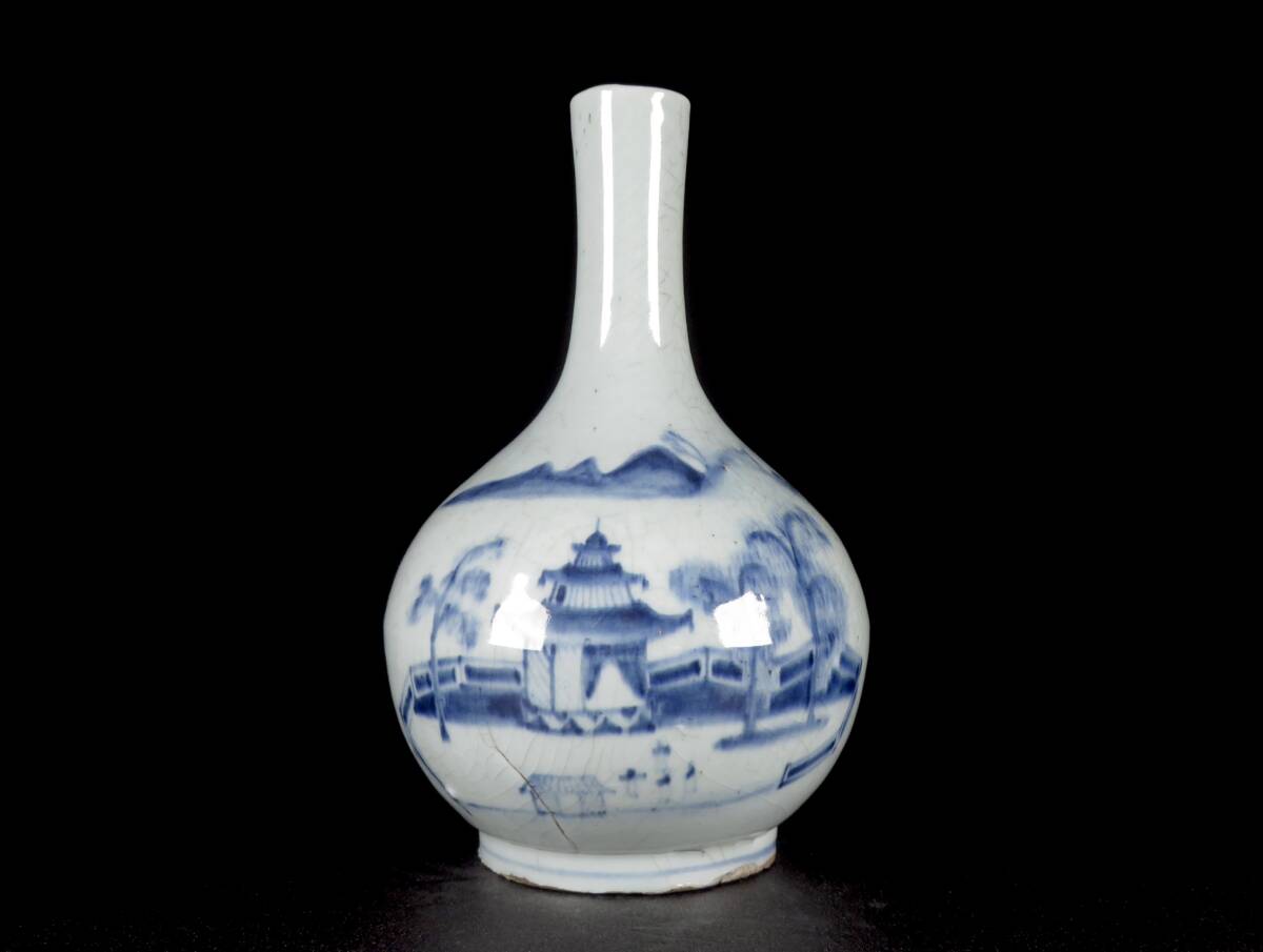 【SAKURAYA】特別出品 図録掲載同手品【李朝 白磁青花山水文瓶】花瓶 飾壺 壷 染付 朝鮮古陶磁 時代 唐物 希少 骨董品 朝鮮古美術 高さ29cm