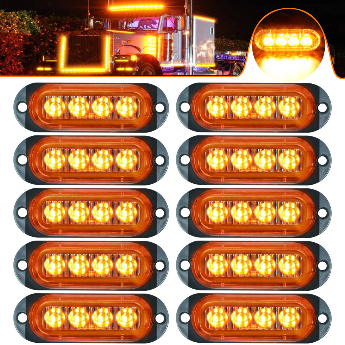 10個セット 車用 サイドライト 12-24V 防水 4LED オレンジ イエロー LEDライト 薄型 明るい 8.6cm 簡単取付 サイドマーカー 配線付き t6913