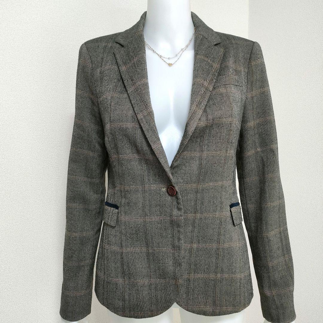 ZARA BASIC ザラベーシック エルボーパッチデザイン 肘当て チェック柄 1ボタン テーラードジャケット M(US) L(日本) グレー ブラウン