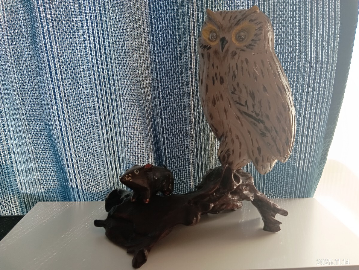 フクロウ 木彫り オブジェ