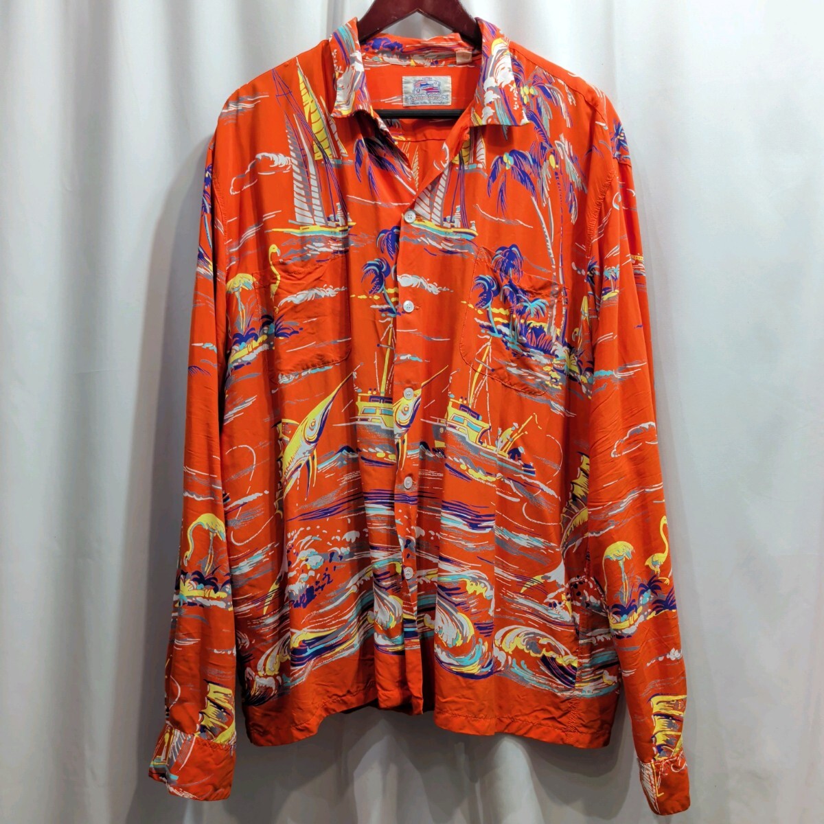 美品【size:XXL】東洋 DUKE KAHANAMOKU デュークカハナモク FISHING BOAT アロハシャツ レーヨン 日本製 長袖シャツ サンサーフ SUN SURF