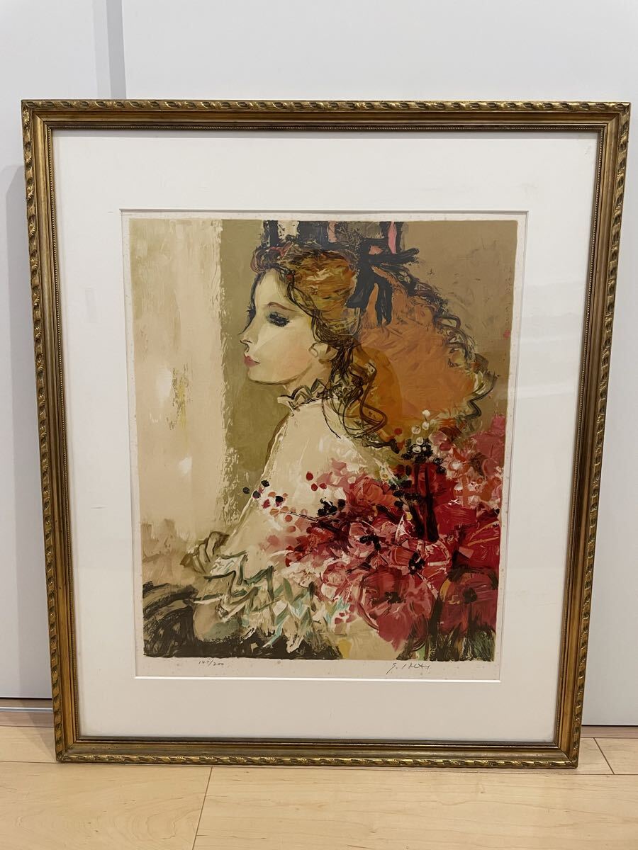 【希少品】真作 今井幸子【赤い花のイザベル】リトグラフ 直筆サイン 限定品 エディション入り イザベル 額サイズ約84x70cm