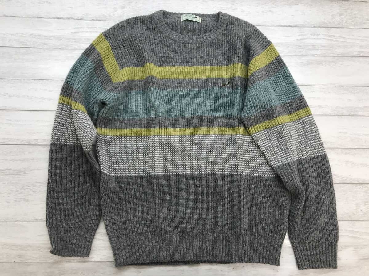Crocodile クロコダイル メンズ アメカジ トラッド 古着 パネル ボーダー 畦編み ウール混 クルーネック ニットセーター M グレー