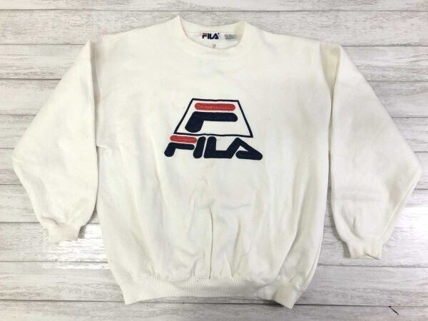 フィラ FILA オールド スポーツ ストリート バスケットボール 90s 古着 ロゴ刺繍 スウェット トレーナー メンズ 裏起毛 L 白