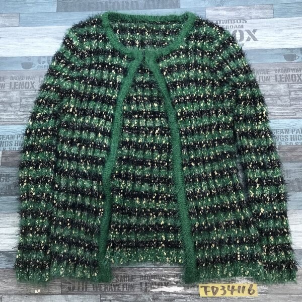 BLOOMING レディース ラメ糸使用 モヘア風ニットジャケット M-L グリーン黒