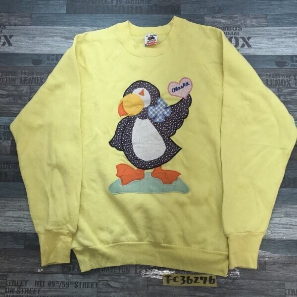 FRUIT OF THE LOOM フルーツオブザルーム レディース コットン混 裏起毛 パッチワーク USA製 ペンギン トレーナー M イエロー