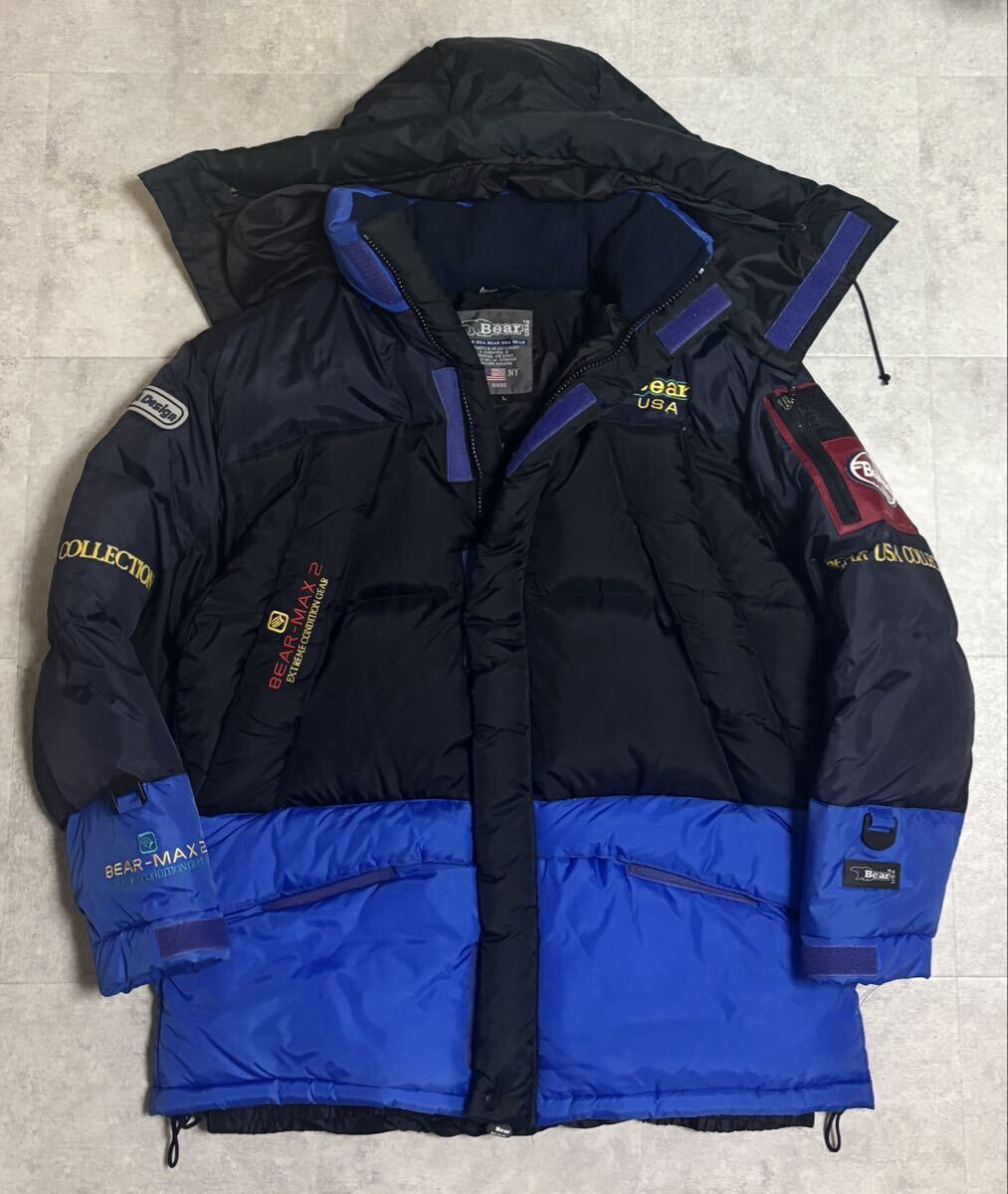 【90s】Bear.USA ベアー BEAR-MAX2 ベアーマックス ダウンジャケット ナイロン メンズ L 青/BLUE 黒/BLACK ロゴ 刺繍 VINTAGE 中綿 正規