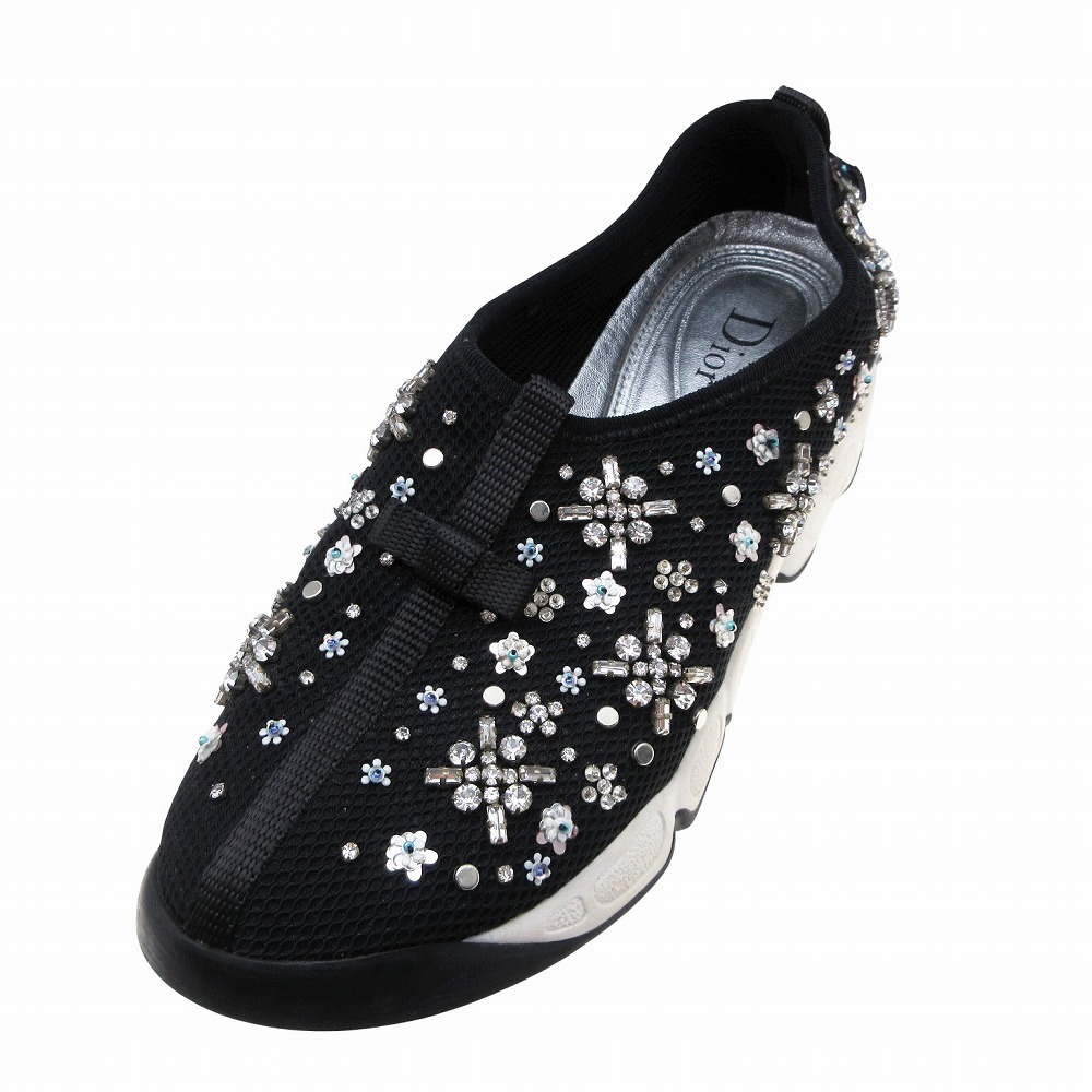 Dior ディオール フュージョン スニーカー ビジュー スリッポン シューズ 靴 サイズ37 23.5cm ブラック 黒 レディース 【中古】