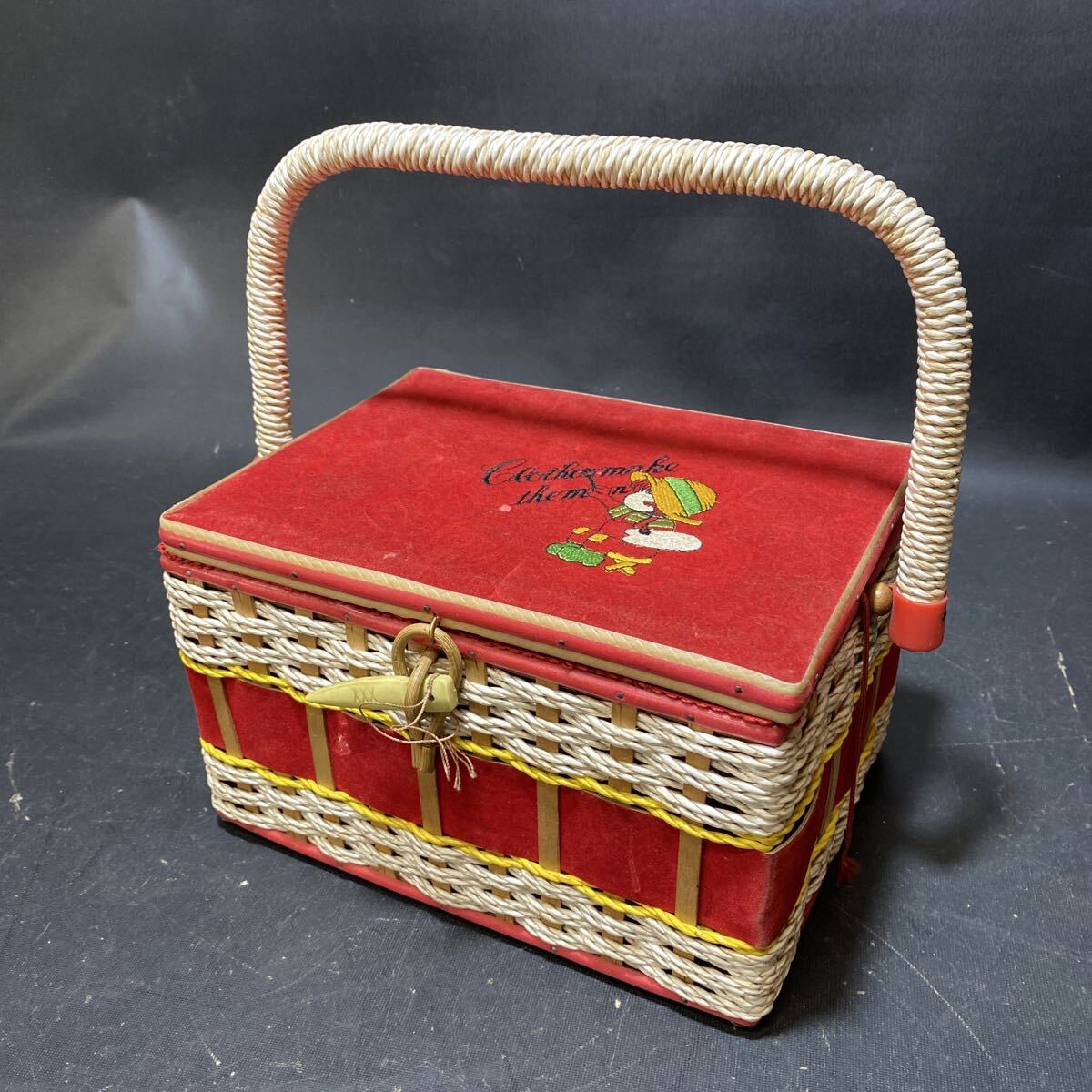 N 6594　昭和レトロ！[　ソーイングボックス　23㎝×17㎝　]　裁縫箱 蓋付き 刺繍 バスケット 小物入れ 収納ボックス 小物入れ インテリア