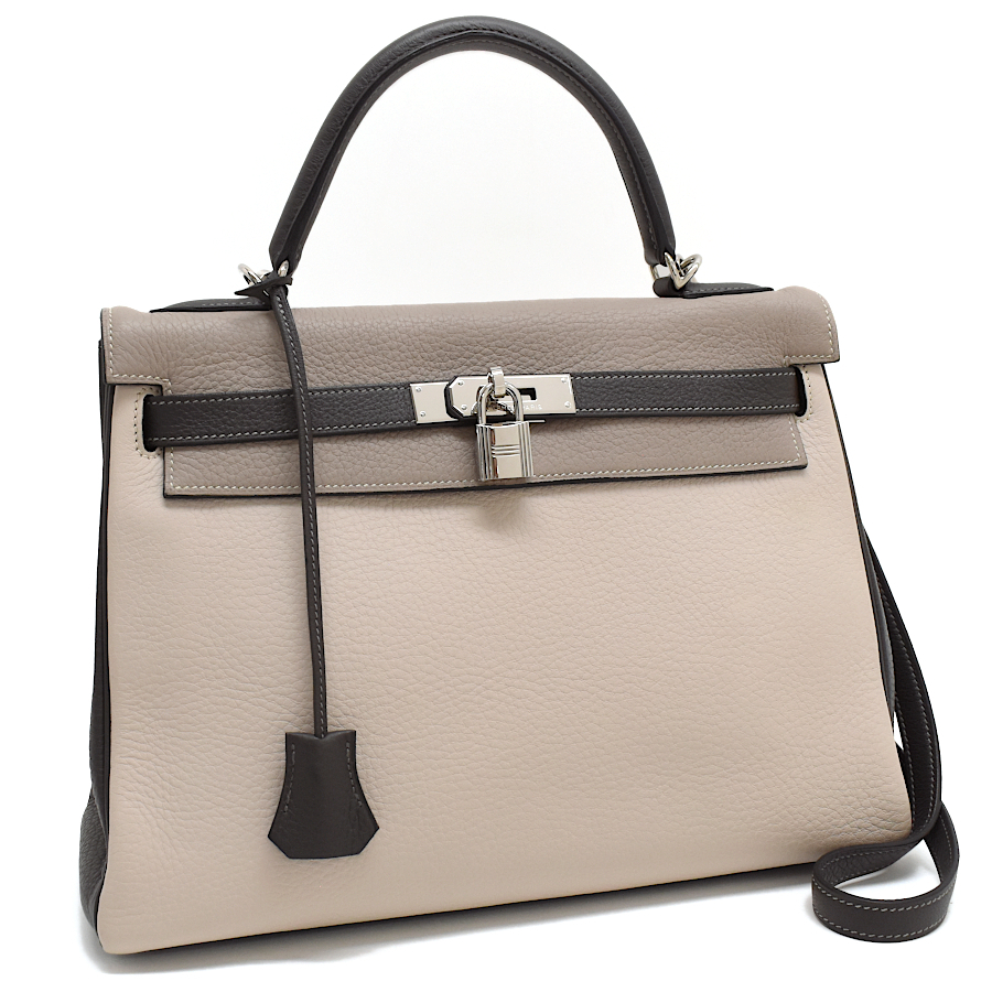 新品同様 エルメス ケリー32 トリコロール ハンドバッグ 内縫い □F刻印 トリヨンクレマンス シルバー金具 HERMES Kelly 32