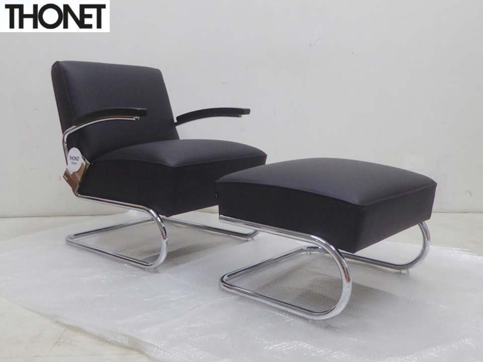 未使用品 正規品■THONET トーネット■定価116万円 S411 黒本革レザー カンチレバーチェア ラウンジソファ スツール オットマンセット
