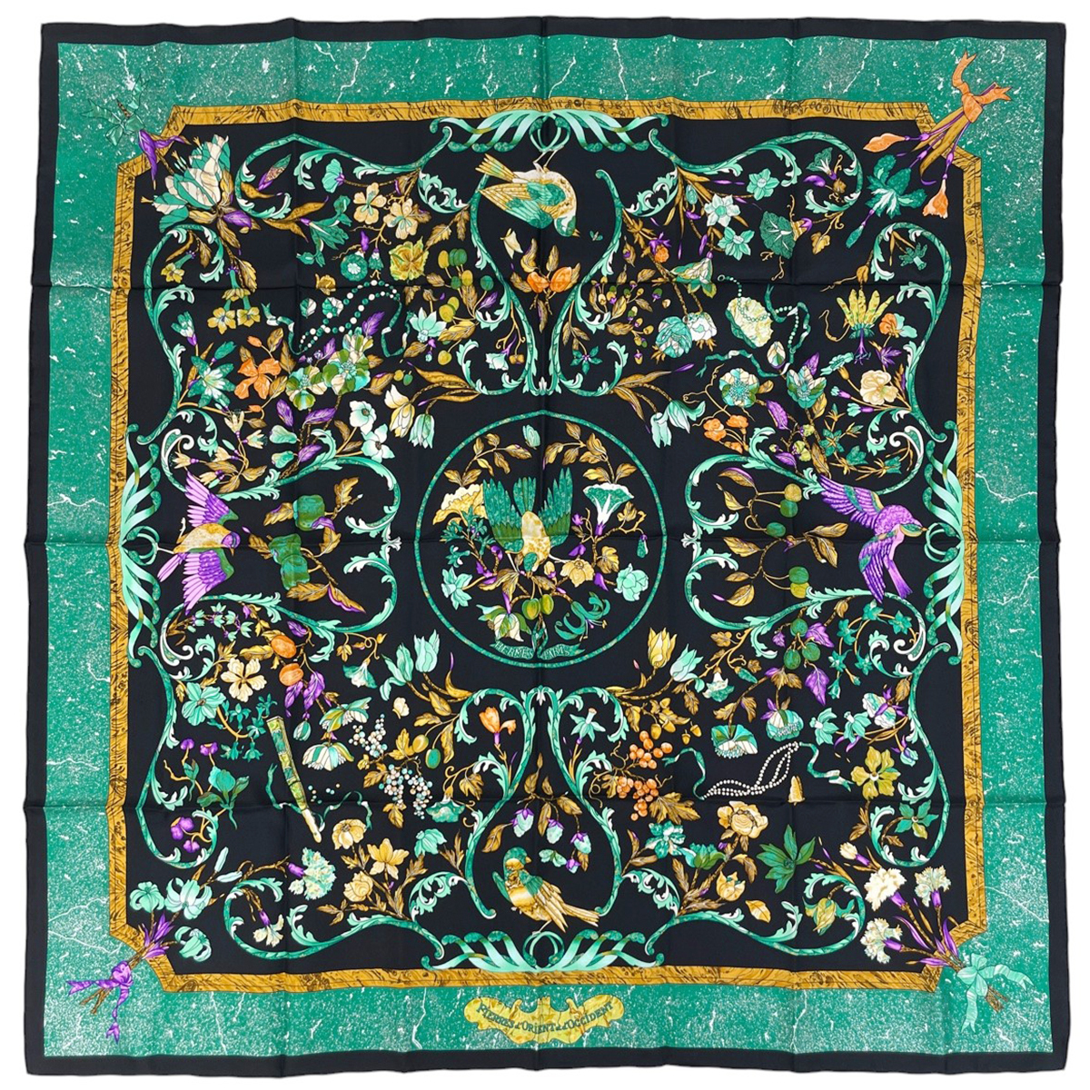 【在庫一掃】 エルメス カレ 90 PiERRES ORiENT et d' OCCiDENT 東洋の石と西洋の石細工 スカーフ シルク ブラック 【中古】