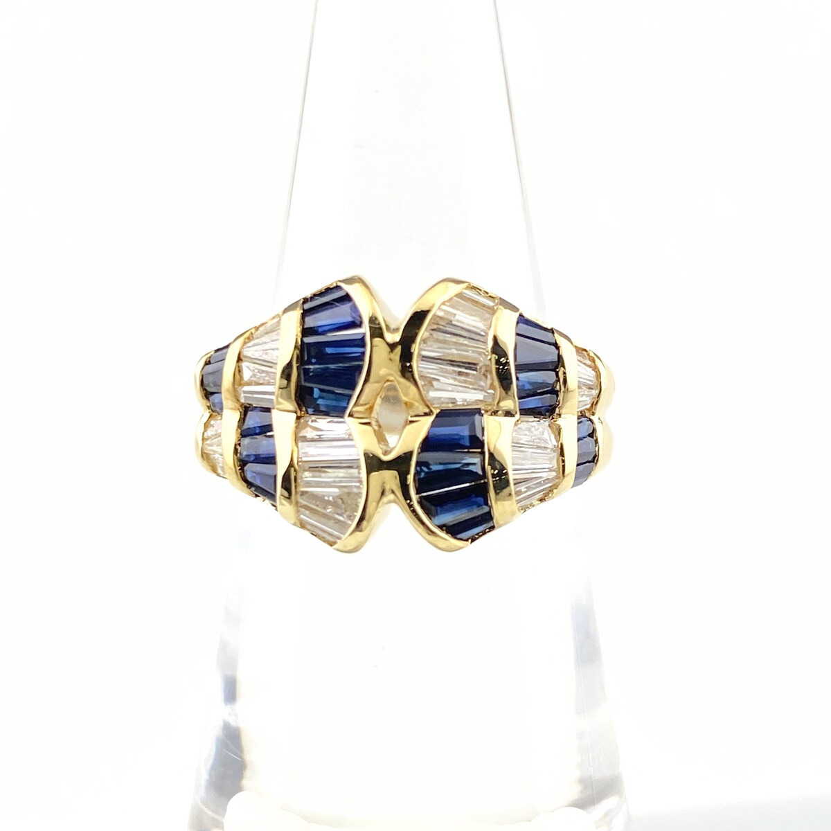 サファイア デザインリング YG イエローゴールド 指輪 メレダイヤ リング 10.5号 K18 サファイア ダイヤモンド レディース 【中古】