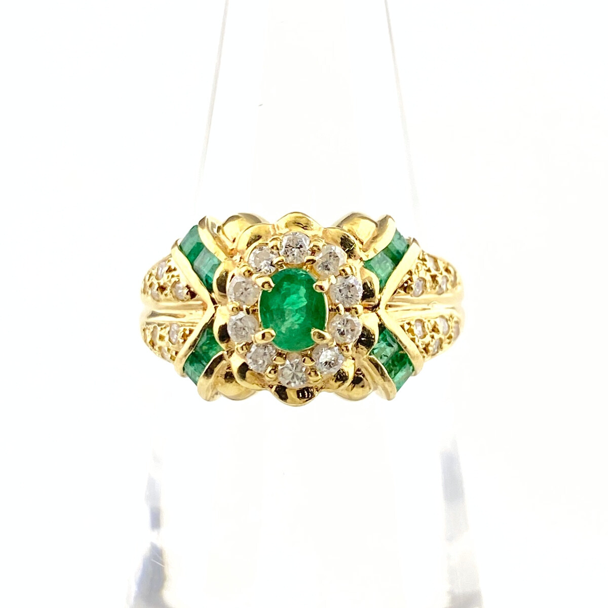 フラワーモチーフ デザインリング YG イエローゴールド 指輪 メレダイヤ 花 リング 11号 K18 エメラルド ダイヤモンド レディース 【中古】