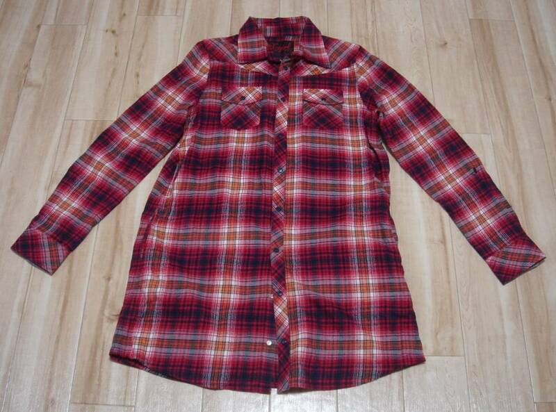 ◆ X-girl エックスガール ロング ネルシャツ ◆ チェック 赤系 ワンピース ロゴ刺繍 胸ポケット付き ◆ サイズ2 綿100％ ◆ USED ◆