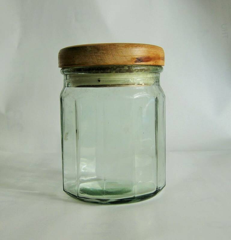 ガラス瓶　12角形　気泡入り　木製蓋付き　保存容器　食器　趣味の品入れ