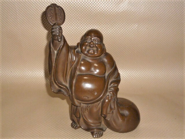 銅製 布袋 軍配 秀之 作 高さ25.5cm 置物 縁起物 飾り オブジェ 七福神