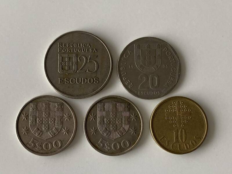 ポルトガル 硬貨5枚セット★25ESCUDOS(1985) 20ESCUDOS(1986) 10ESCUDOS(1987) 5ESCUDOS(1981/1983)/エスクード コイン 海外 外国