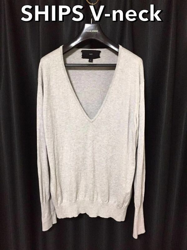 正規 SHIPS wide V-neck cotton knit color light gray sizeL シップス ワイドVネックニット★