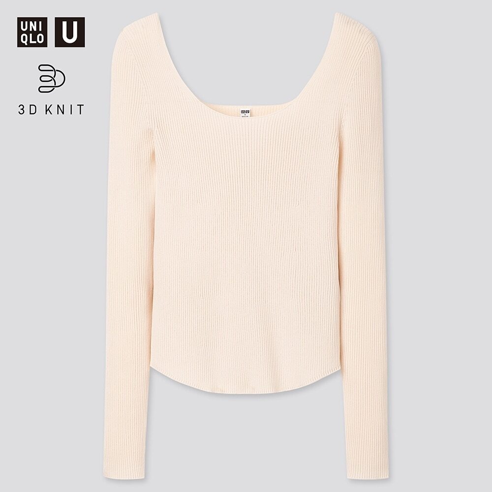 【新品・L・オフホワイト】ユニクロ×ルメール■Uniqlo U ユニクロユー 3Dラウンドネックセーター(長袖) ネックライン深めでより美しく　白