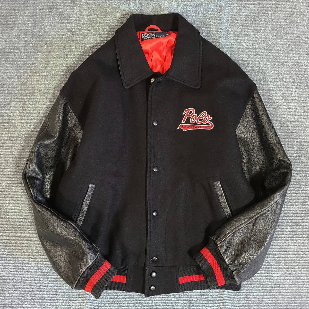 【良好　93年　クリーニング済】　POLO RALPH LAUREN　ポロ ラルフローレン　袖レザー　スタジャン　バーシティジャケット　黒　90S
