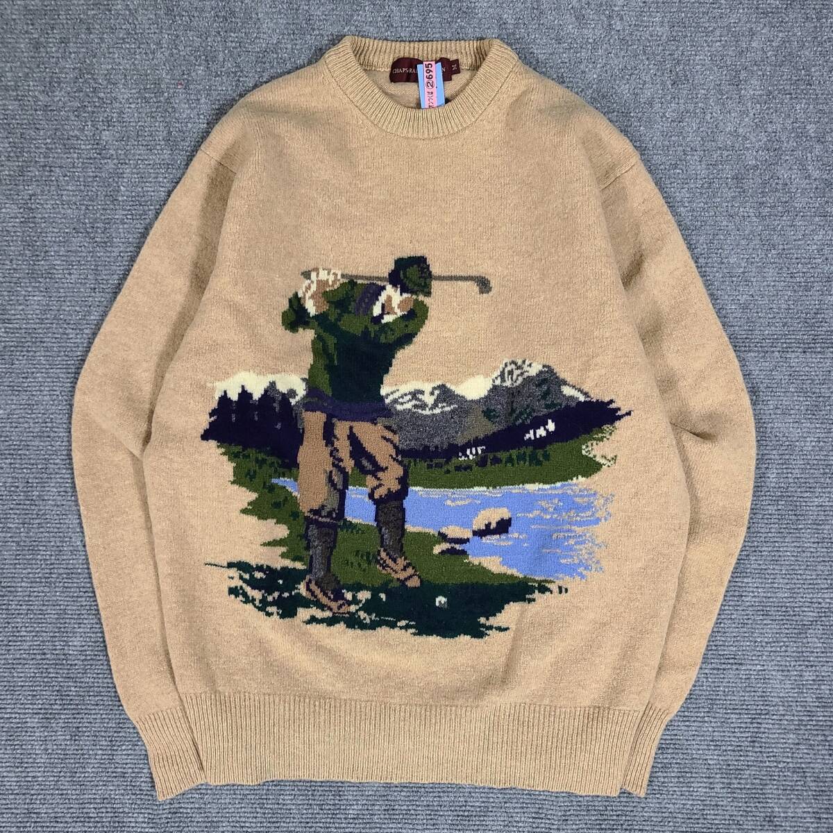 【レア　80S　70S　クリーニング済】　CHAPS RALPH LAUREN　チャップス ラルフローレン　ニット　セーター　ウール100%　風景画　ゴルフ