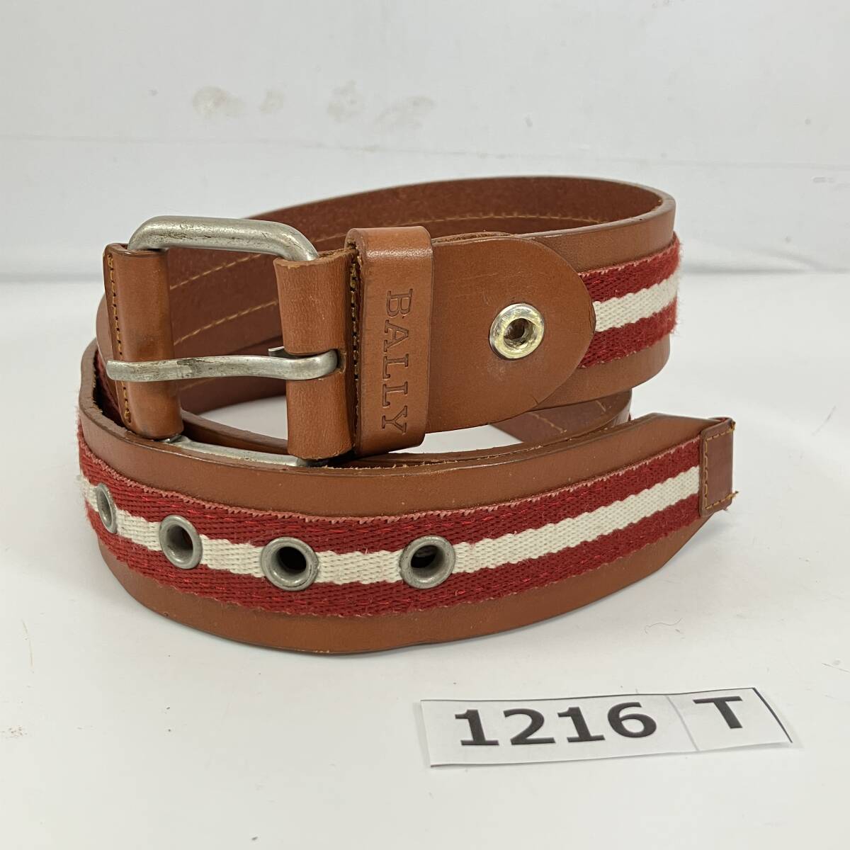 (志)BALLY/バリー レザーベルト キャンバス ロゴ型押し 赤×白×茶ライン 全長105cm (検)トリコロール トレインスポッティング(I)1216T