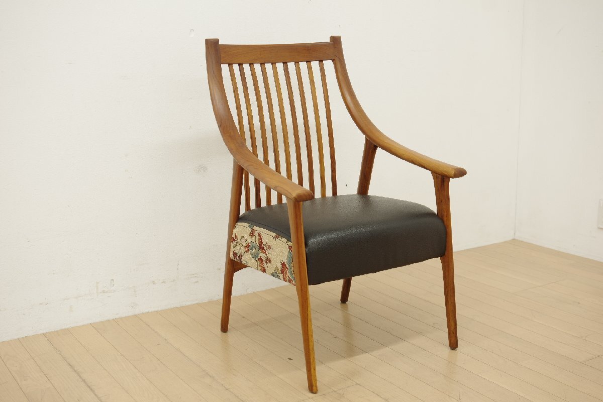 BC工房 だんらん工芸椅子 ダイニングチェア アームチェア チーク材 無垢材 食事椅子 イス 座面 合皮 ファブリック 花柄 和モダン 洋風 (C)