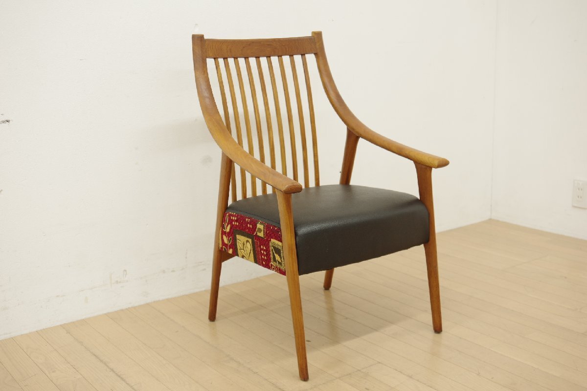 BC工房 だんらん工芸椅子 ダイニングチェア アームチェア チーク材 無垢材 食事椅子 イス 座面 合皮 ファブリック 赤 花柄 和モダン (E)