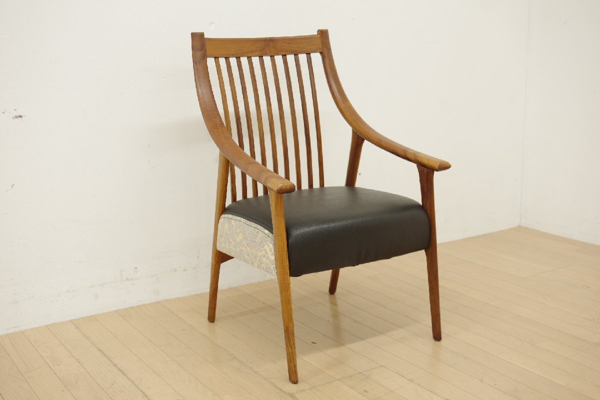 BC工房 だんらん工芸椅子 ダイニングチェア アームチェア チーク材 無垢材 食事椅子 イス 座面 合皮 ファブリック 花柄 和モダン (A)