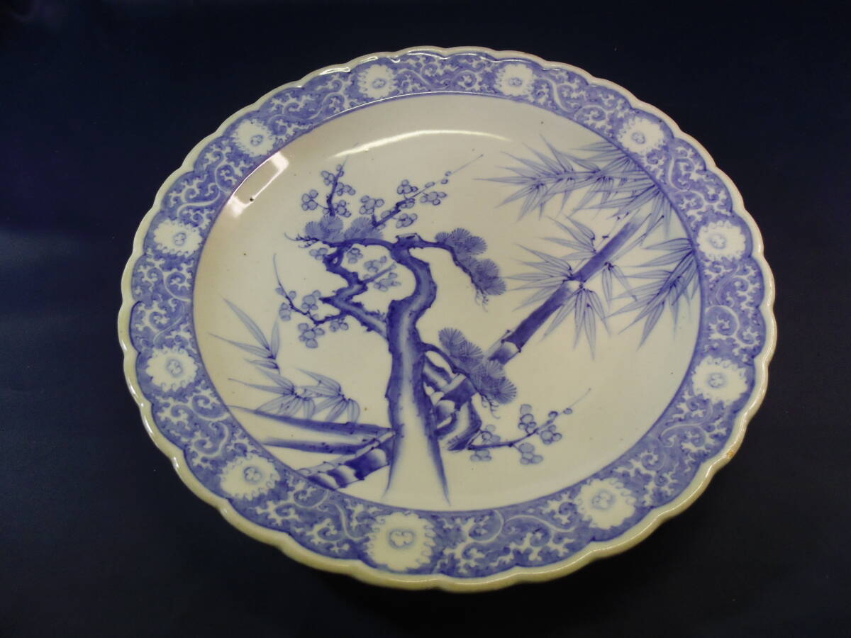 H30◇染付 大皿 【松竹梅】唐草◇明治 大正 昭和 時代物◇直径41cm◇染付◇古道具 アンティーク 当時物◇送料980円◇