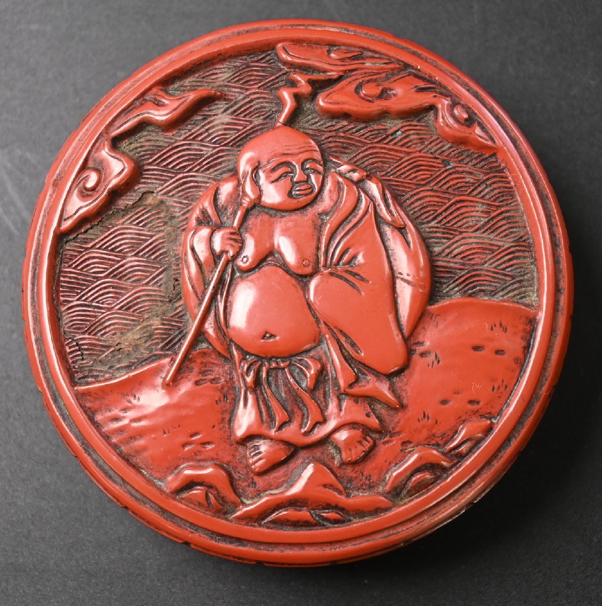 古い漆器　堆朱　布袋　香合　剔紅　彫漆　美術工芸品