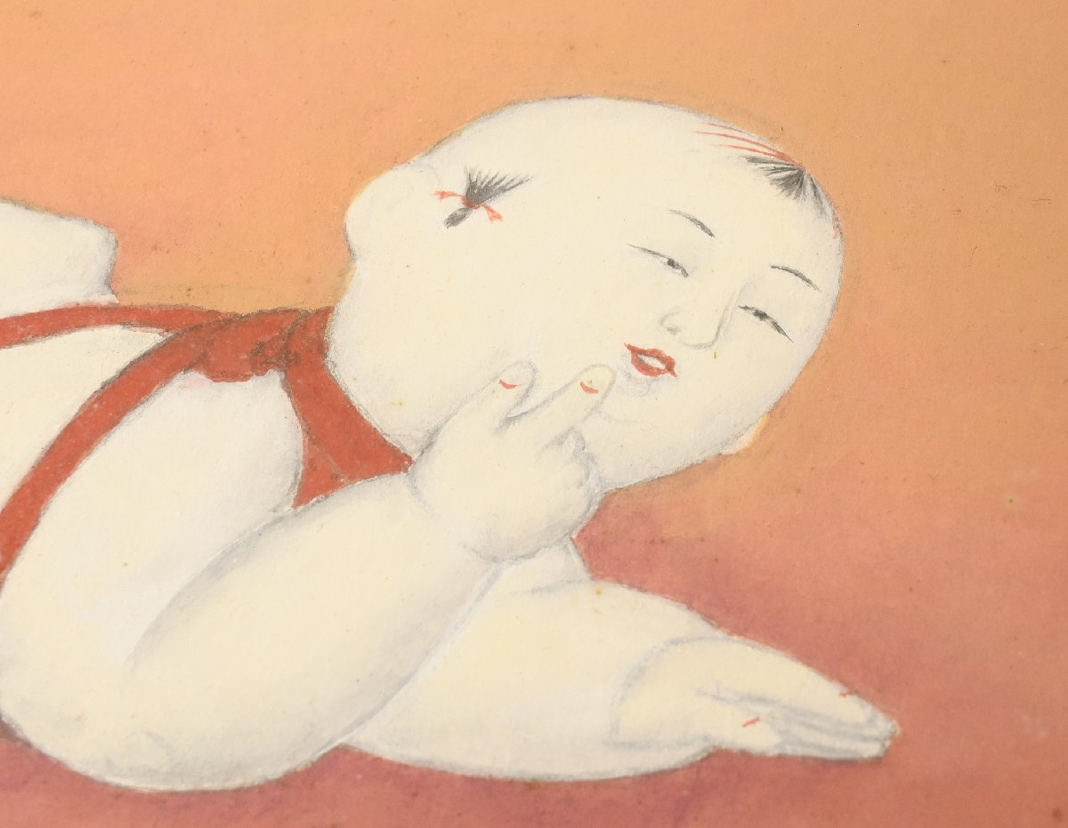 【真作】『堀井香坡』菊池契月 師事「赤児」紙本額装　書画　日本画　日本美術品　