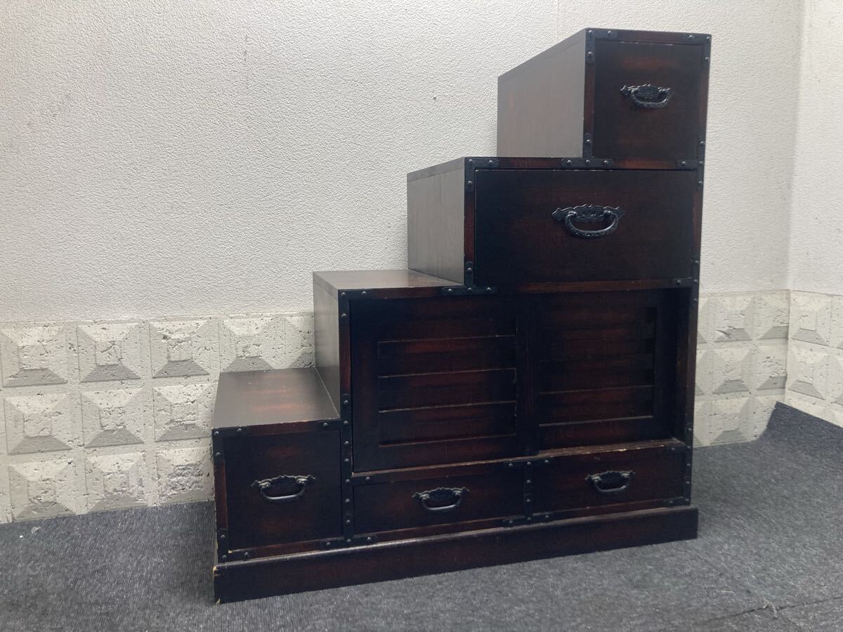 階段箪笥 引出収納 民芸家具調 4段 小物入れ 幅640×奥行305×高さ665mm C1219-9