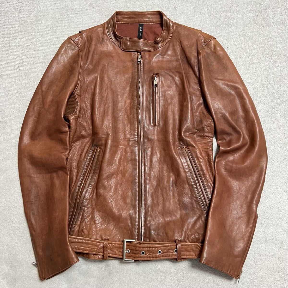 定価68,000円程★高級 glamb グラム 本革 レザージャケット シングルライダース 革ジャン 茶色 ブラウン サイズ1 羊革 ラム メンズ R-8490