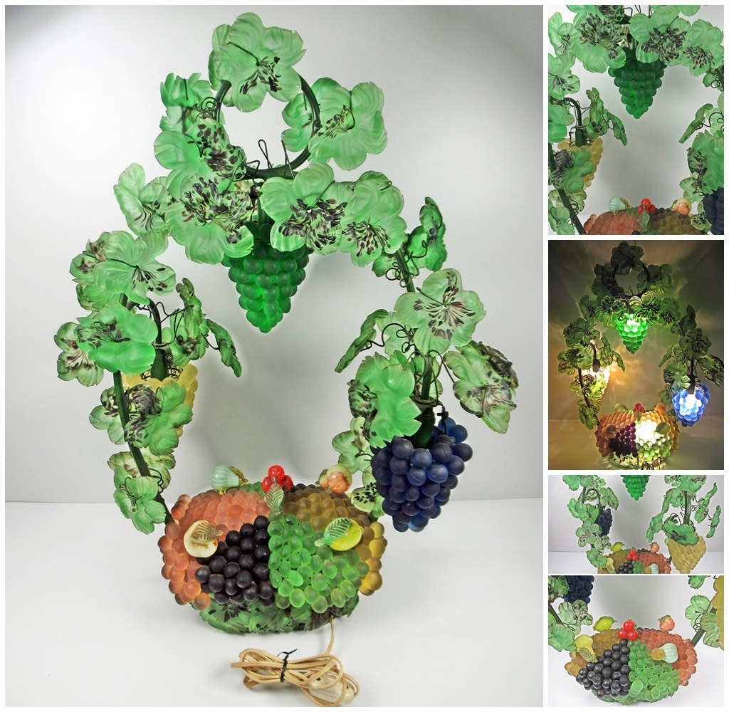 ◆[B129]イタリア製 ムラーノガラス ベネチアングラス 葡萄ランプ ４灯 フルーツバスケット アンティーク テーブルランプ 引取り可能