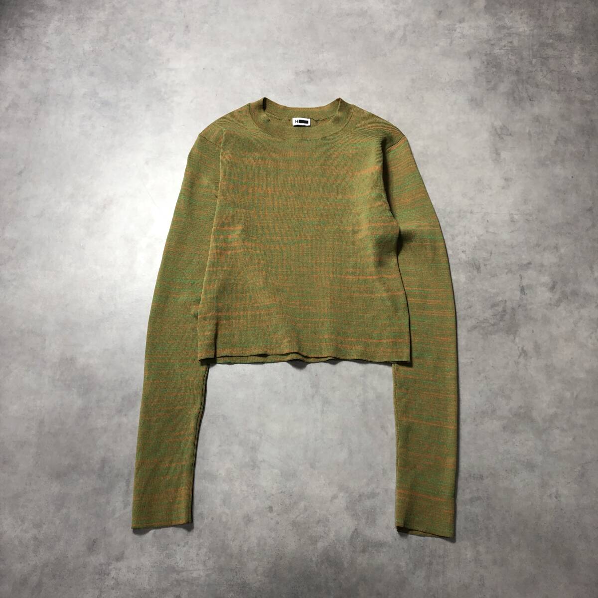 WQ978●H BEAUTY&YOUTH：マルチカラーリブクルーニット ●F● グリーン/オレンジ 定価￥24200- ショート丈 UNITED ARROWS 