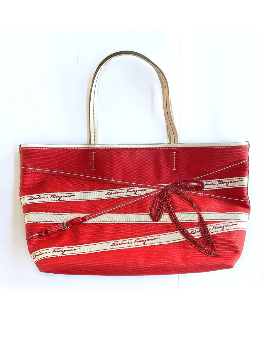 【10000円〜】 Salvatore Ferragamo サルバトーレ フェラガモ トートバッグ キャンバス レザー レッド系 リボン ラインストーン 赤