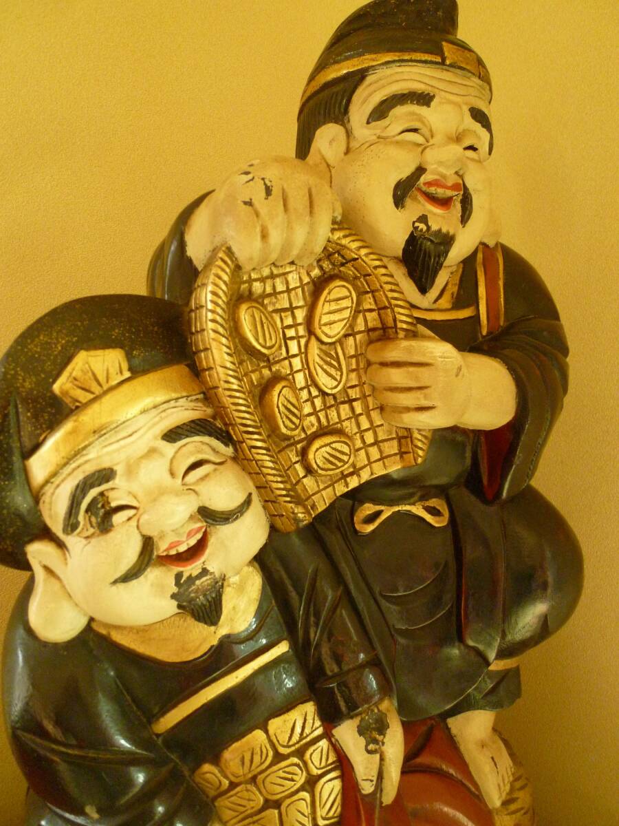 【即決・特大】木彫り恵比寿様大黒様(高60㎝ 9.2Kg) 一刀彫 仏像 彫刻 七福神 縁起物 木工 アンティーク オブジェ 招福守護神 商売繁盛