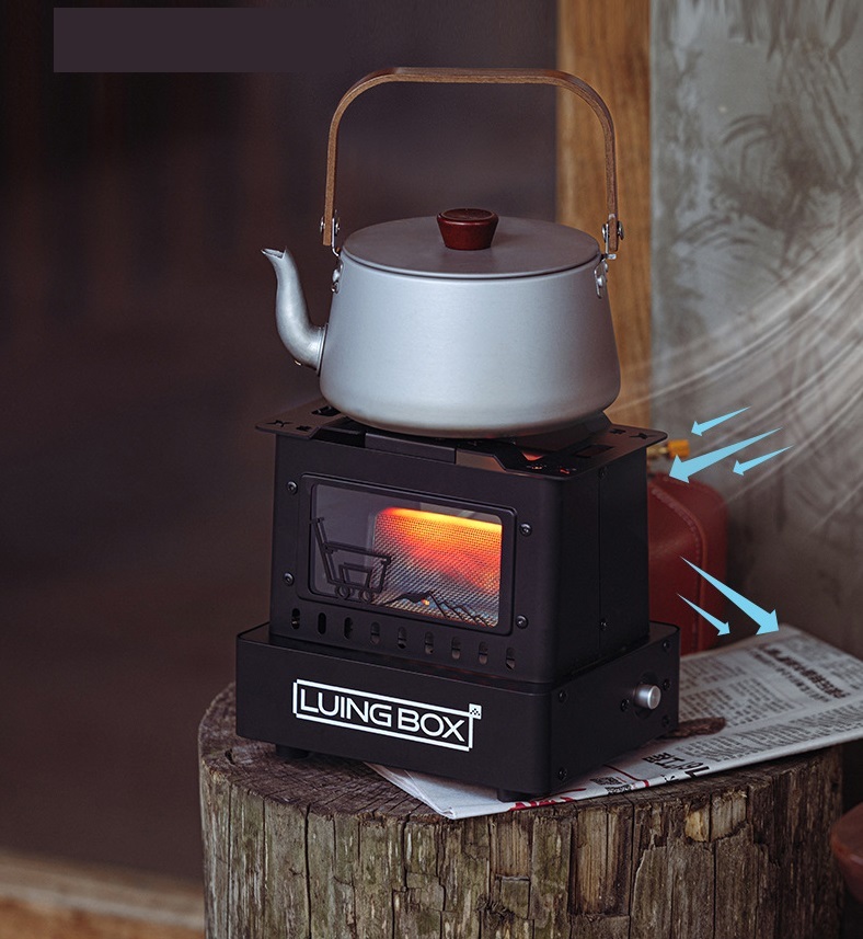 キャンプ用 多機能暖炉 ガスバーナー ストーブ ヒーター 耐熱ガラス窓 1100g 18x14.3x17cm 小型 1900w OD缶 アウトドア 野外登山 ストーブ