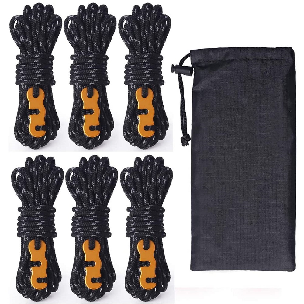 HIKEMAN テントロープ ガイロープ パラコード タープ ガイライン 太さ4mm 長さ4m 6本セット パーツ 自在金具 耐荷重260kg 101 ３色から選択