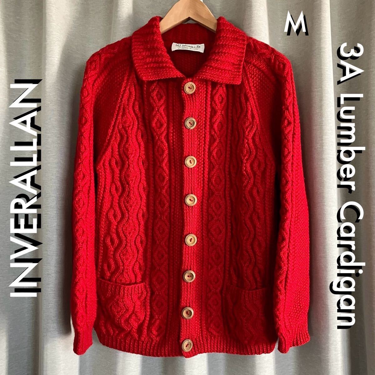 インバーアラン INVERALLAN 3A ランバー カーディガン レッド 赤 M アイルランド製 ハンドニット Lumber Cardigan