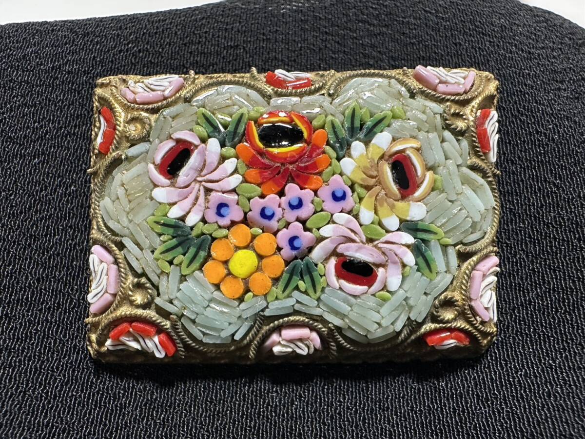 ブローチ 【rry824 マイクロモザイクブローチ 花柄 モザイクガラス ローマンモザイク 時代物 レトロ アンティーク ヴィンテージ】