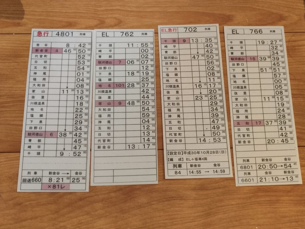 運転時刻表♪大井川鉄道スタフ・電車急行とEL4枚♪金谷・千頭