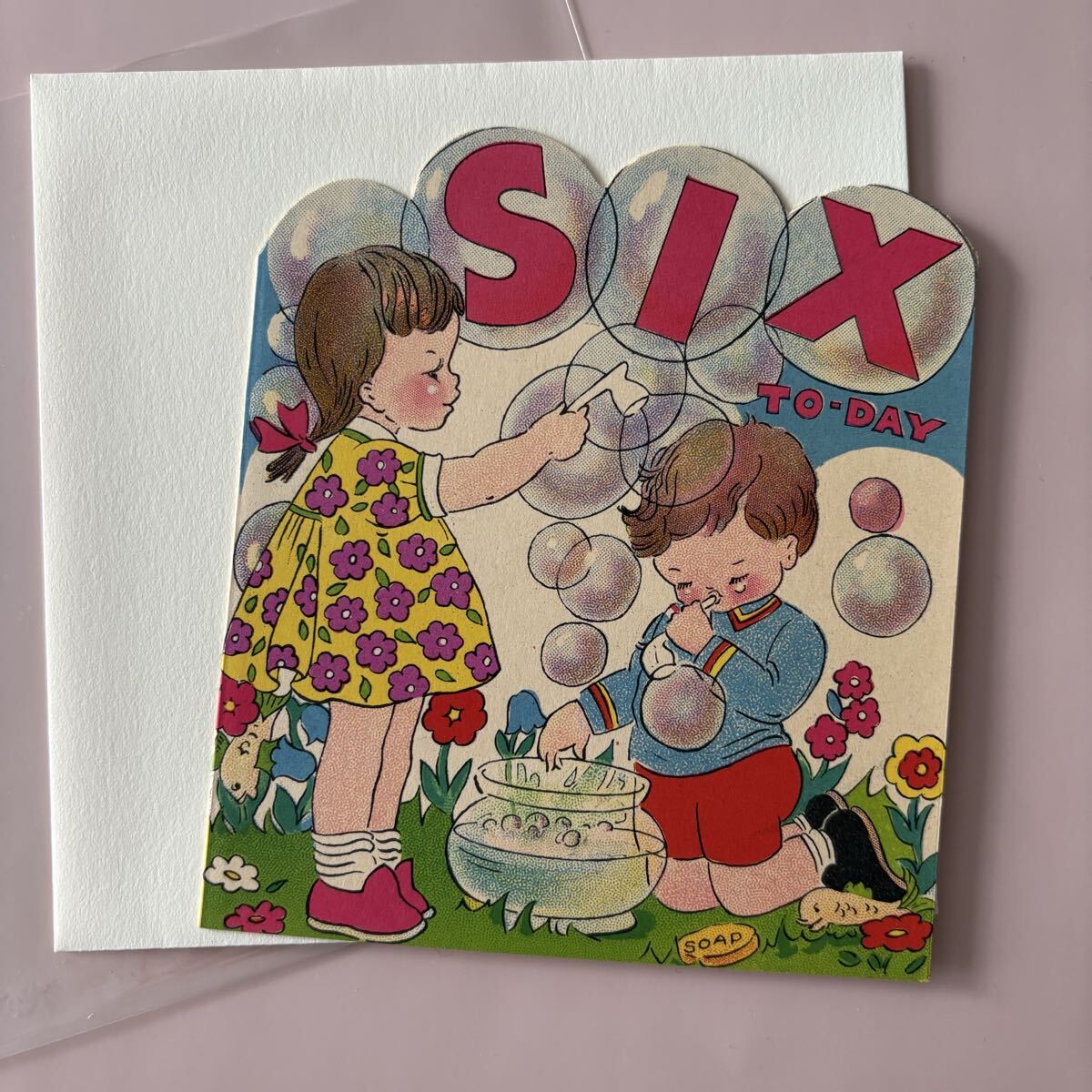 【1940年代イギリス製バースデーカード】6歳子ども誕生日カード・メッセージカード・バースデーカード★新品・美品（デッドストック）