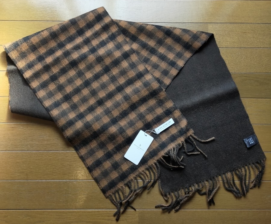 UNITED ARROWS ユナイテッド アローズ ウール ソリッド チェック リバーシブル マフラー ブラウン タグ付き 定価5940円 y11187-1-HZ11