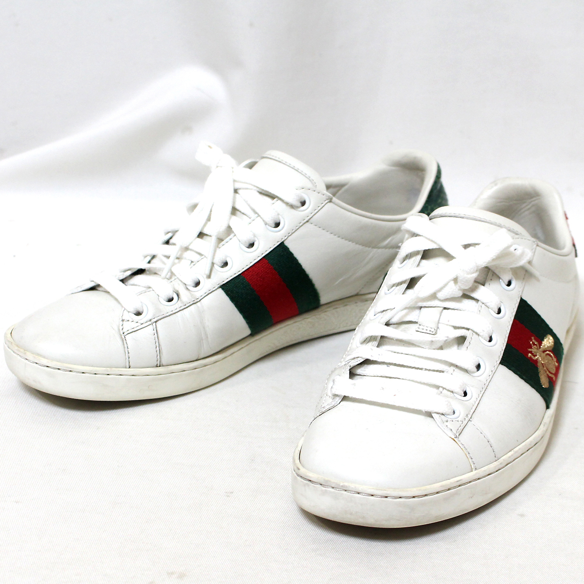 GUCCI グッチ レザー ローカットスニーカー 36.5 ホワイト BEE 蜂 刺繍 431942 シェリーライン