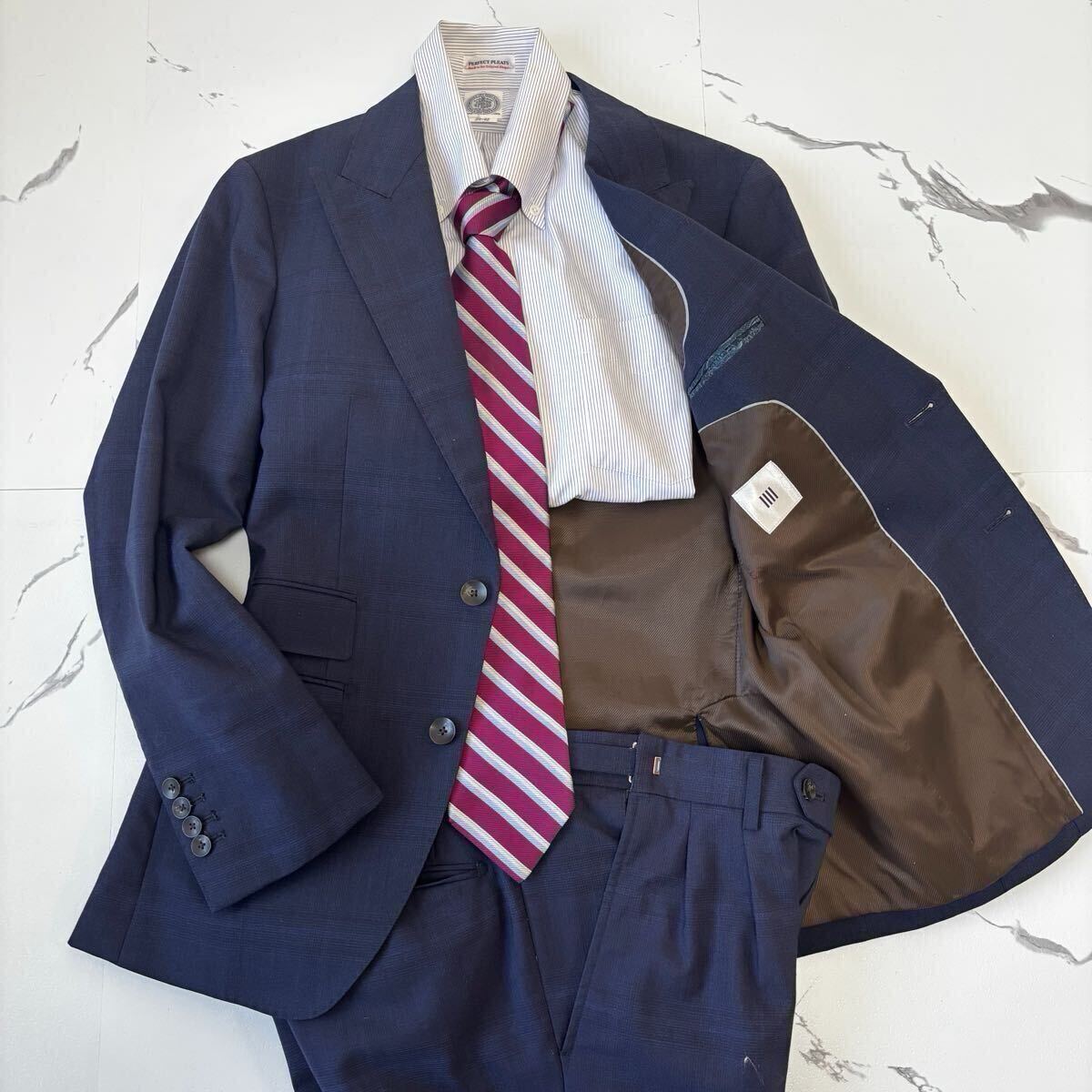 極美品◎スーツセレクト『圧倒的高級感』SUIT SELECT スーツ セットアップ ネイビー ウインドウペンチェック 裏地ブラウン A4位 実寸M〜L