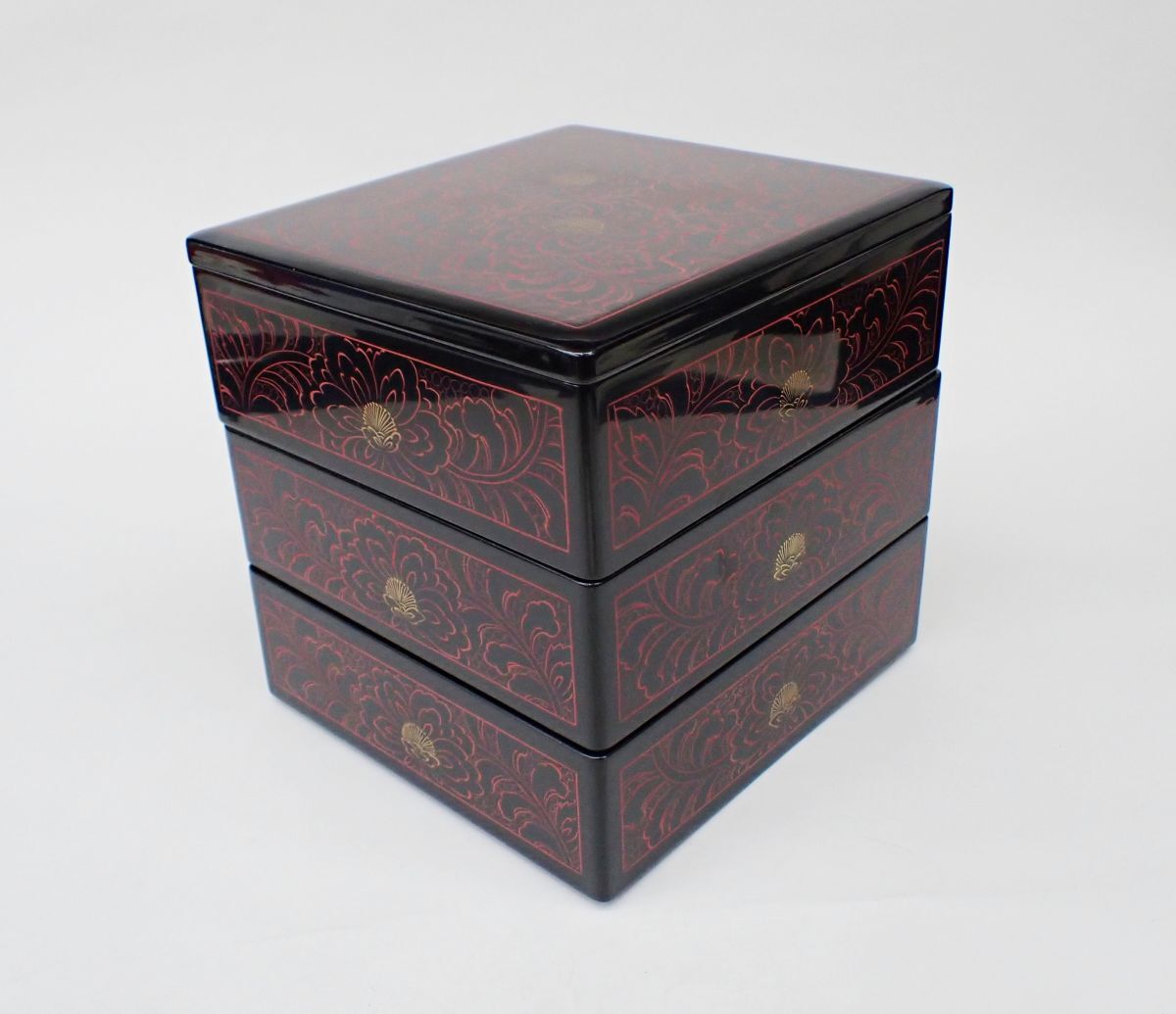 ◆未使用 輪島塗 重箱 三段重「沈金牡丹」◆漆器 漆塗/お正月 おせち料理/消費税0円