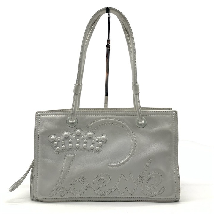 美品 LOEWE ロエベ レザー アナグラム クラウン ショッパー ハンド バッグ ホワイト レディース ブランド バッグ k3382k